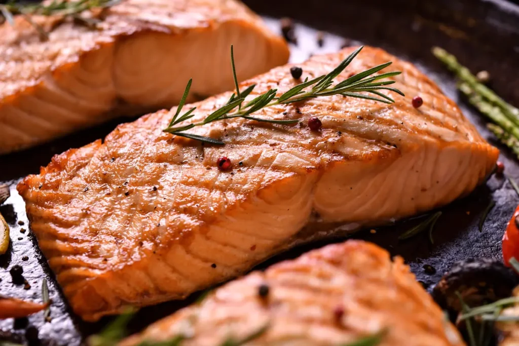 Grilled salmon fillet rich in omega-3 fatty acids, a heart-healthy food recommended by cardiologists