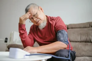 Man checking blood pressure at home feeling dizzy in hot weather